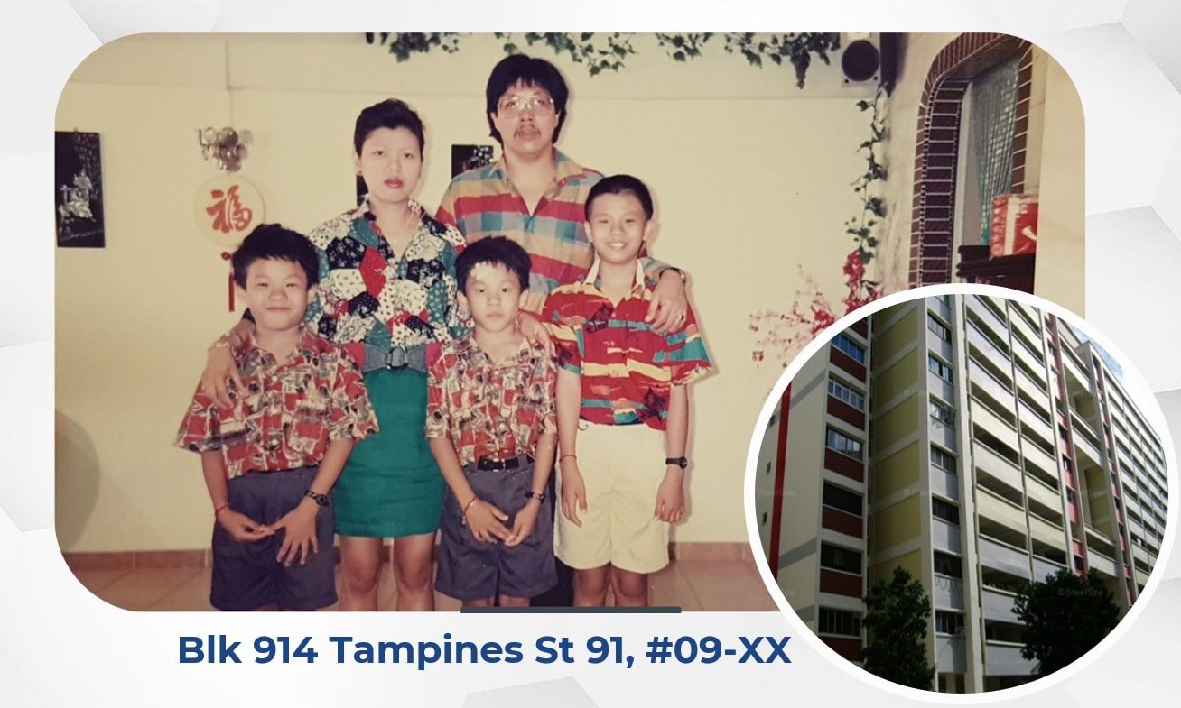 Paul’s family photograph and their former Tampines home, as shared on his website